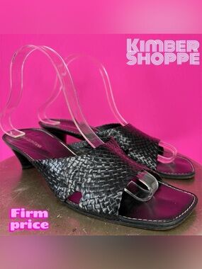 Pons Quintana Woven Black Leather Square Toe Kitten Heel Mule Sandal EU 38 UK 5